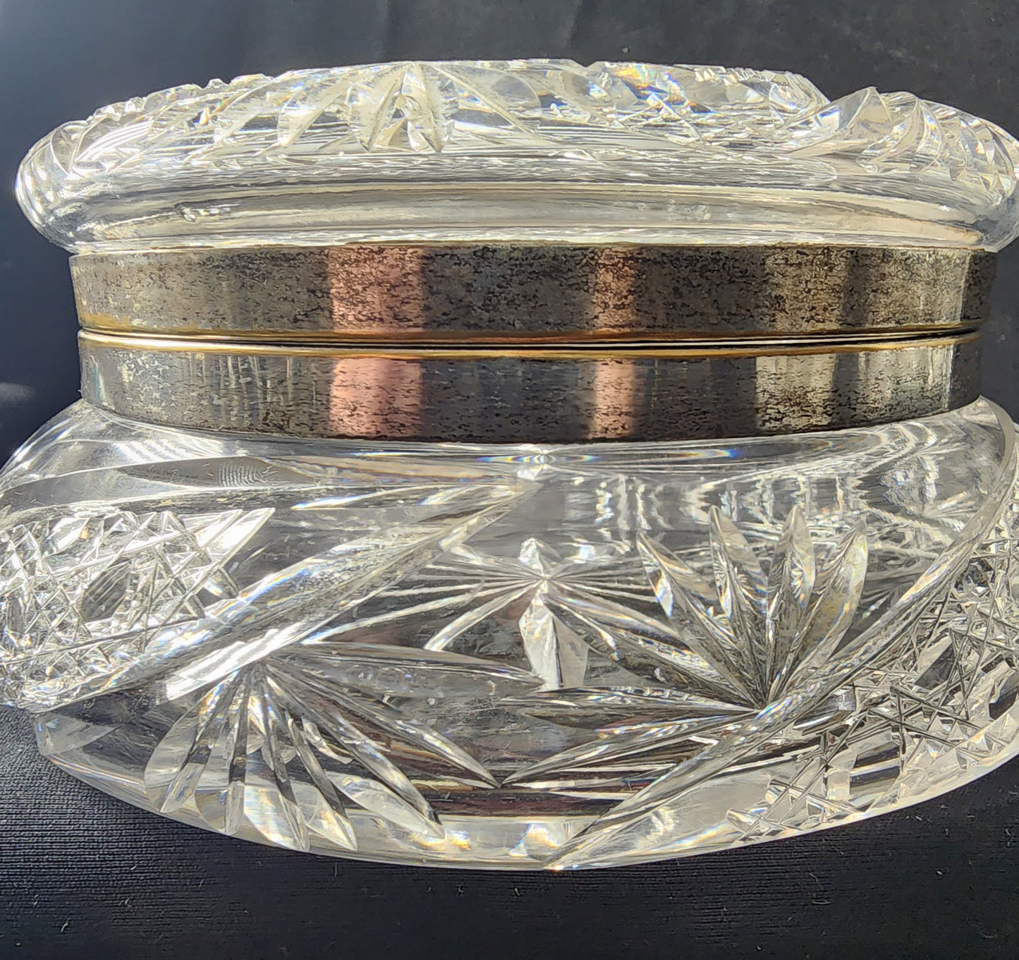American Brilliant Period Cut Glass dresser box with silver collar lid Antique abp