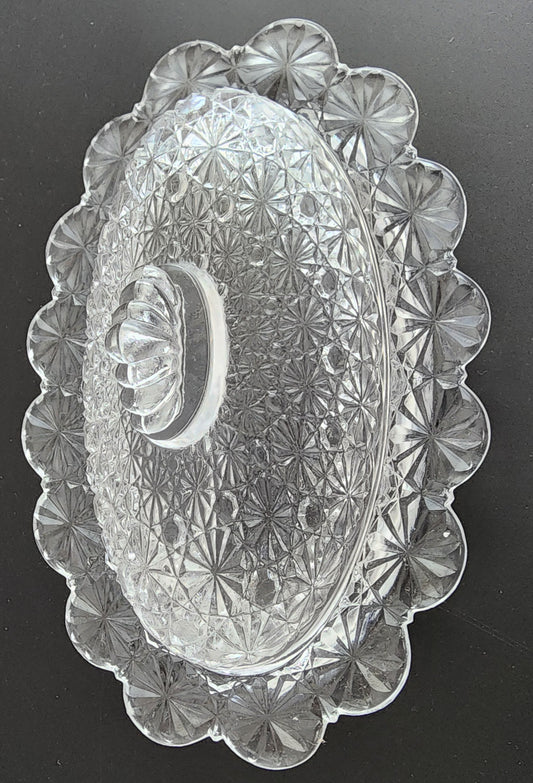 L.E. SMITH glass oval butter dish buttons and bows