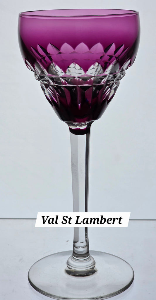 SIGNED Val st Lambert Amethyst Hand Cut to clear wine glass