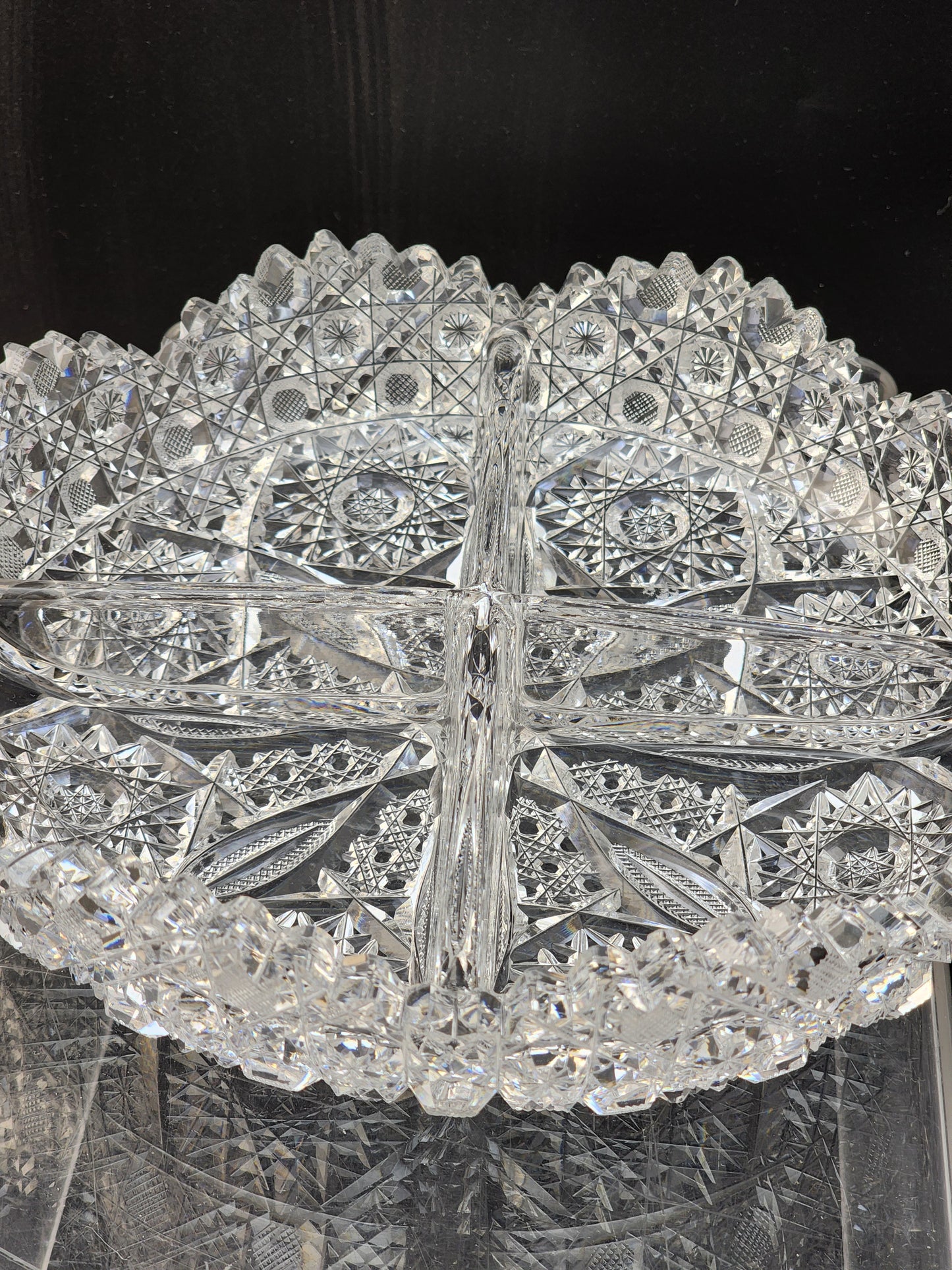 ABP cut glass 4 section handled dish antique crystal
