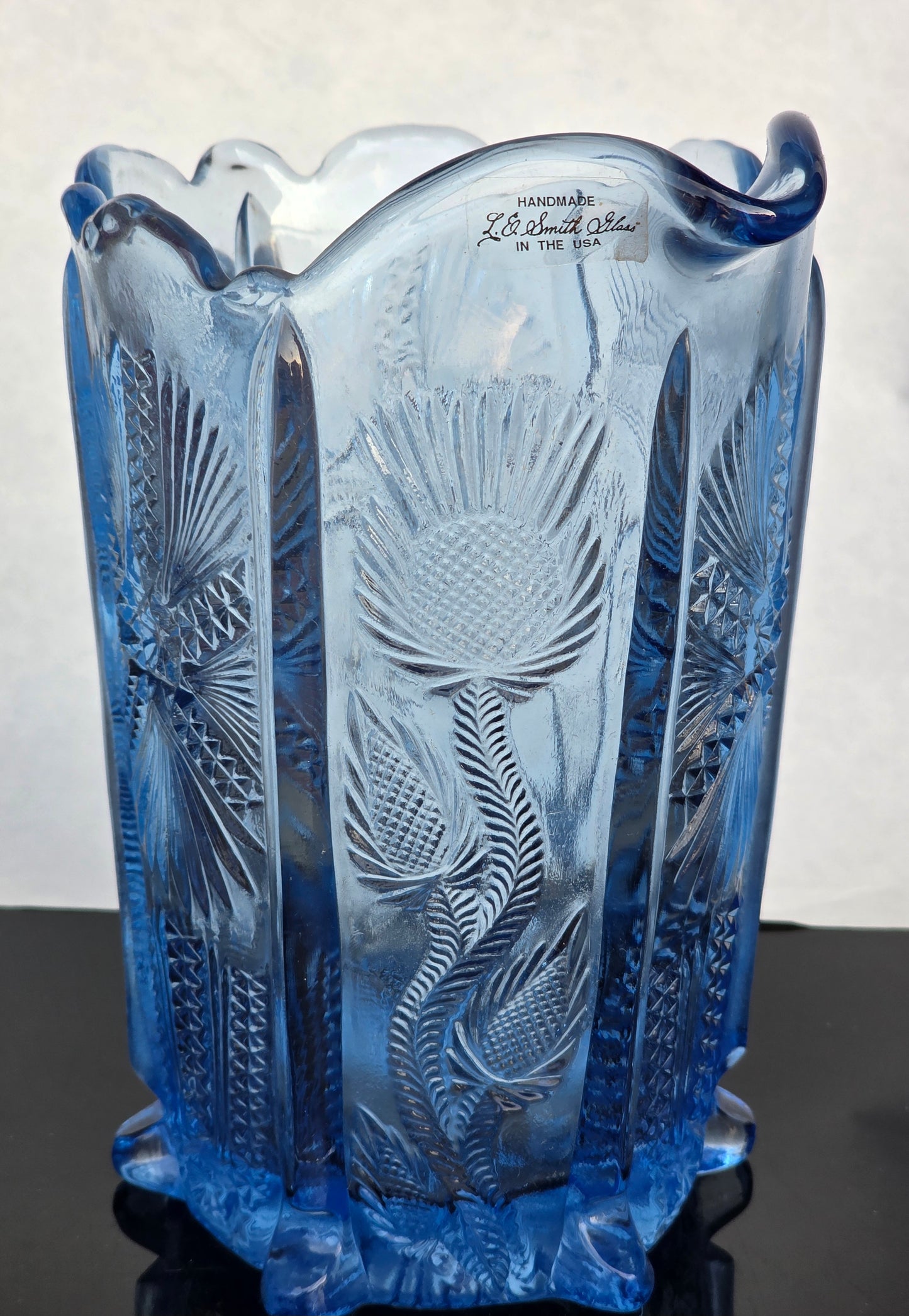 L.E Smith Glass blue thistle pitcher