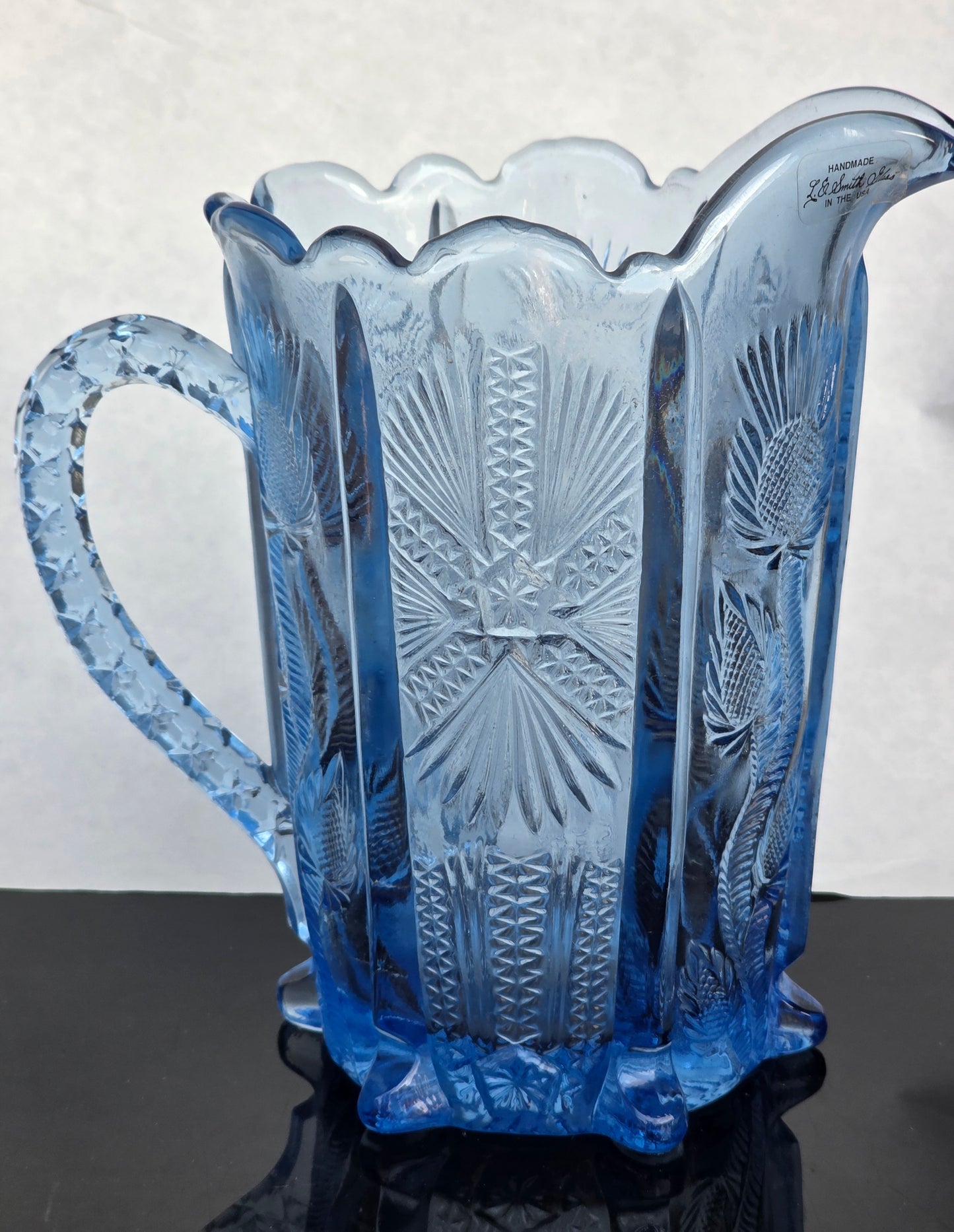 L.E Smith Glass blue thistle pitcher