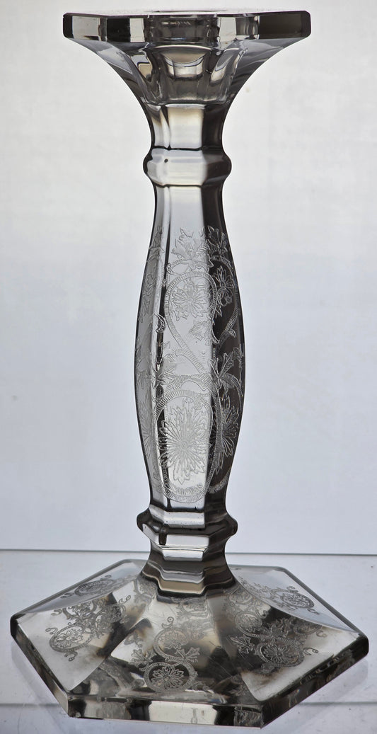 Pair etched glass candlesticks  US Glass Co pa20