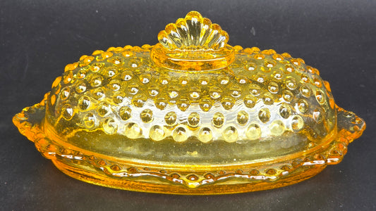 L.E. SMITH yellow glass hobnail oval butter dish