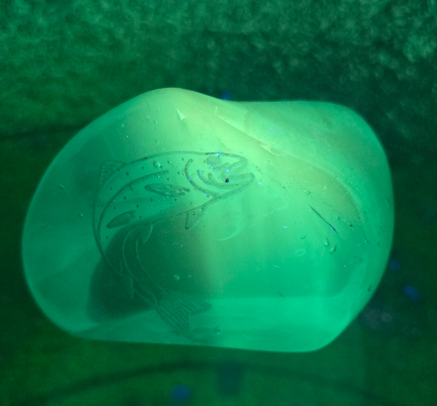 Hand crafted art glass paperweight from L.E. Smith Etched fish Glows