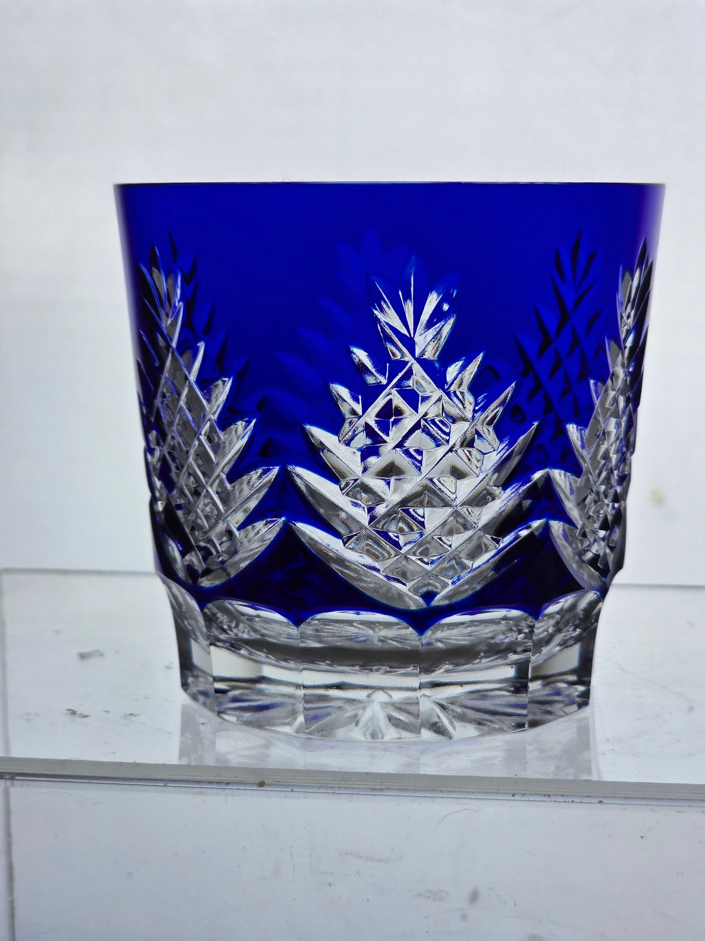 Hand Cut to clear blue double on the rocks glasses Pair