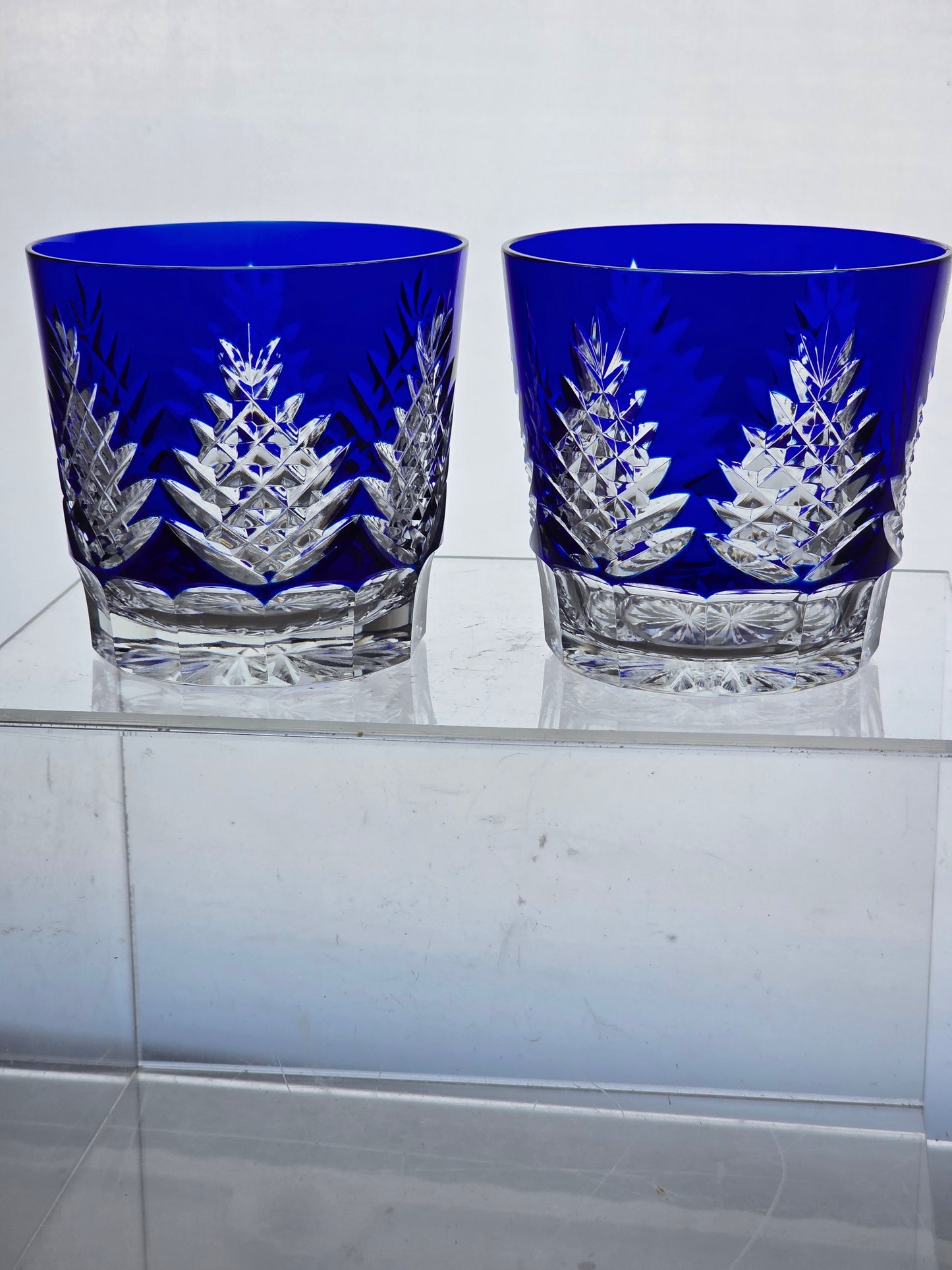 Hand Cut to clear blue double on the rocks glasses Pair