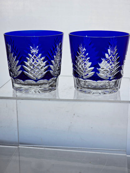 Hand Cut to clear blue double on the rocks glasses Pair