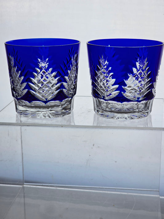 Hand Cut to clear blue double on the rocks glasses Pair
