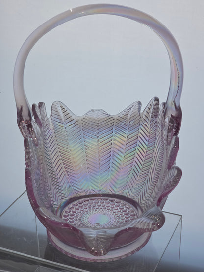 L.E Smith Glass scoloped edge pink iridescent basket