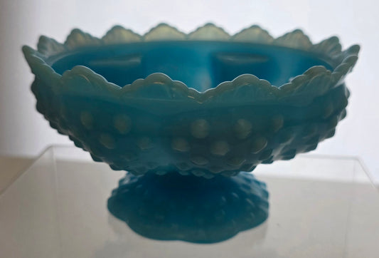 Fenton blue slag Glass hobnail candle holder bowl