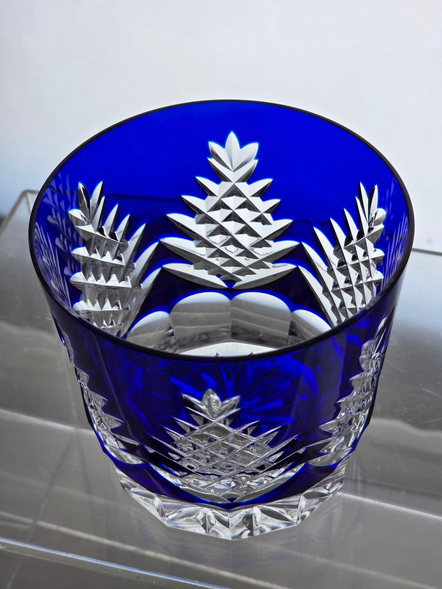 Hand Cut to clear blue double on the rocks glasses Pair