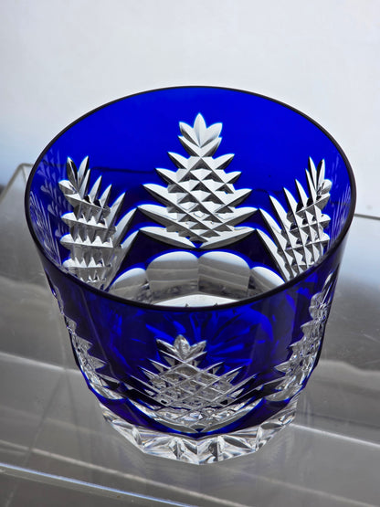 Hand Cut to clear blue double on the rocks glasses Pair