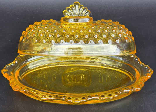 L.E. SMITH yellow glass hobnail oval butter dish