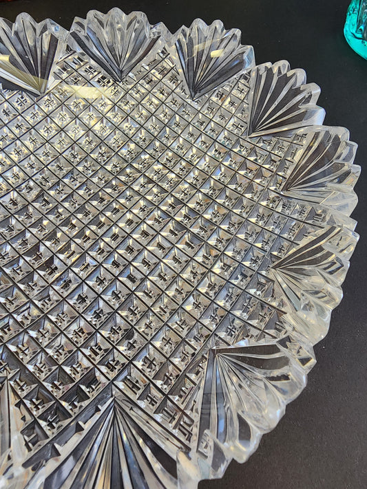 American Brilliant Period Hand Cut Glass odd shape strawberry diamond fan abp dish
