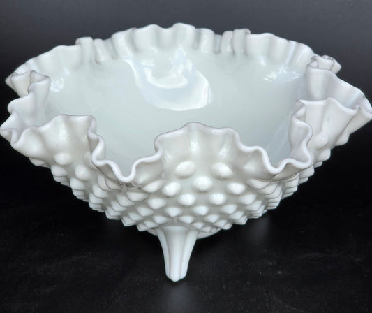 Fenton glass ruffled edge  3 leged dish