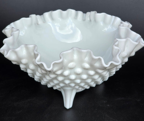 Fenton glass ruffled edge  3 leged dish