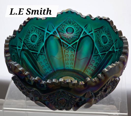 L.E Smith Glass dark green Quintec carnival bowl... -