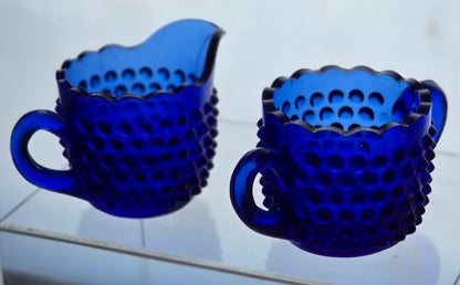 L E Smith blue hobnail Glass sugar and creamer