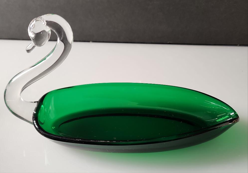 Viking green glass swan pickle dish