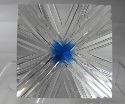 Cut Glass art pyramid optical sculpture blue tip. One of a kind signed - O'Rourke crystal awards & gifts abp cut glass