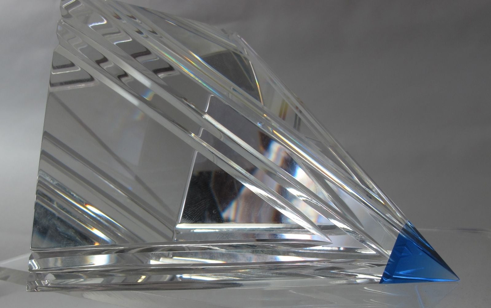 Cut Glass art pyramid optical sculpture blue tip. One of a kind signed - O'Rourke crystal awards & gifts abp cut glass