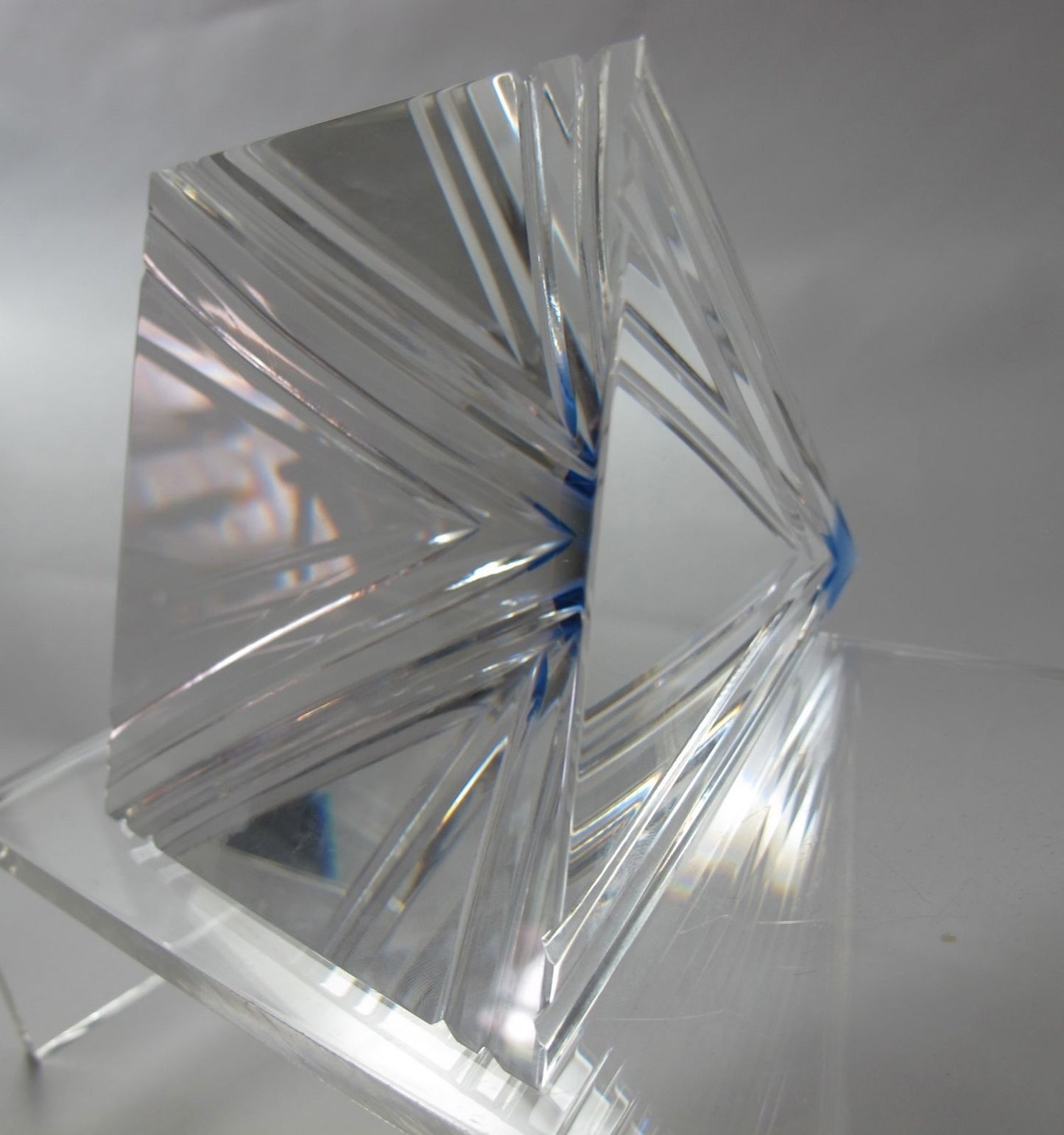Cut Glass art pyramid optical sculpture blue tip. One of a kind signed - O'Rourke crystal awards & gifts abp cut glass
