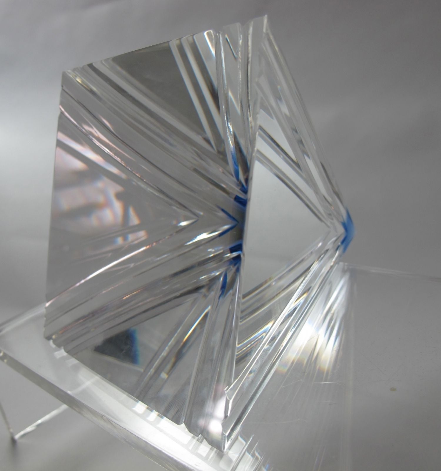 Cut Glass art pyramid optical sculpture blue tip. One of a kind signed - O'Rourke crystal awards & gifts abp cut glass