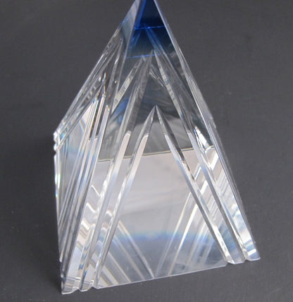 Cut Glass art pyramid optical sculpture blue tip. One of a kind signed - O'Rourke crystal awards & gifts abp cut glass