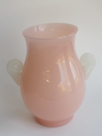 Steuben? vase Glass pink body white handles