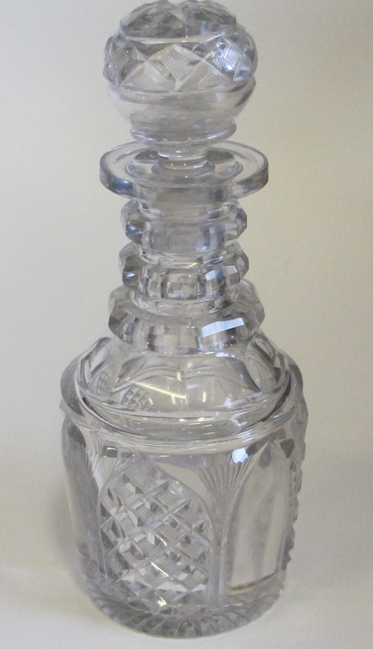 Hand Cut glass 3 ring neck decanter crosscut with matching stopper Antique