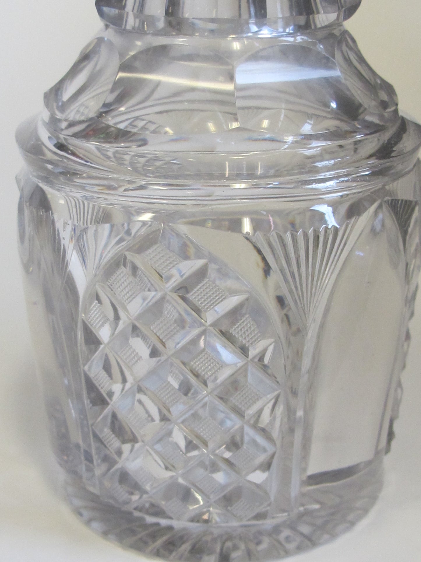 Hand Cut glass 3 ring neck decanter crosscut with matching stopper Antique