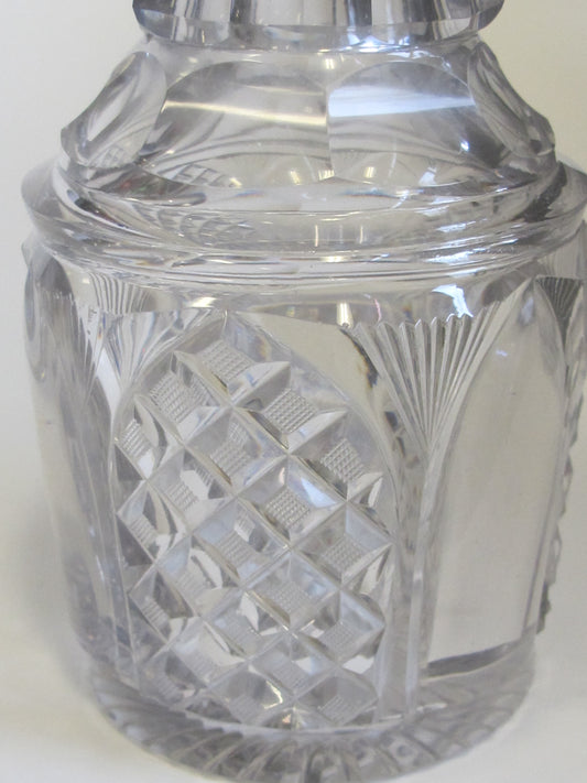 Hand Cut glass 3 ring neck decanter crosscut with matching stopper Antique