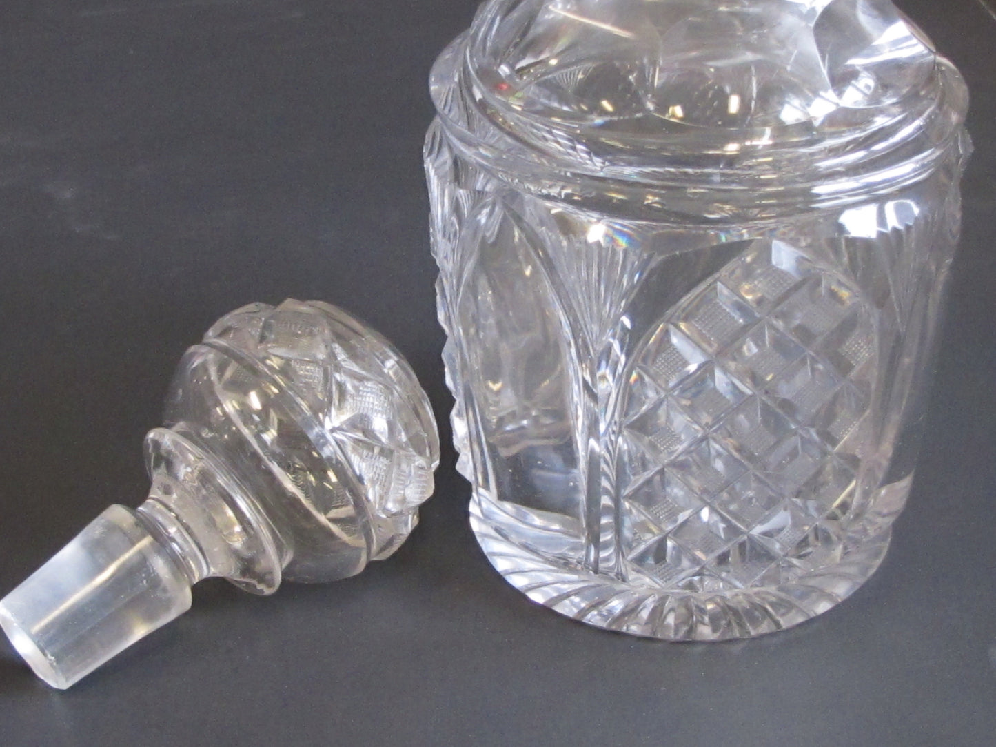 Hand Cut glass 3 ring neck decanter crosscut with matching stopper Antique