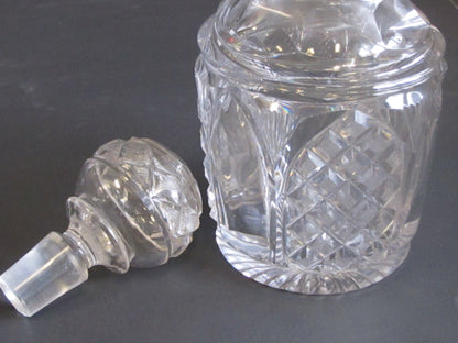 Hand Cut glass 3 ring neck decanter crosscut with matching stopper Antique