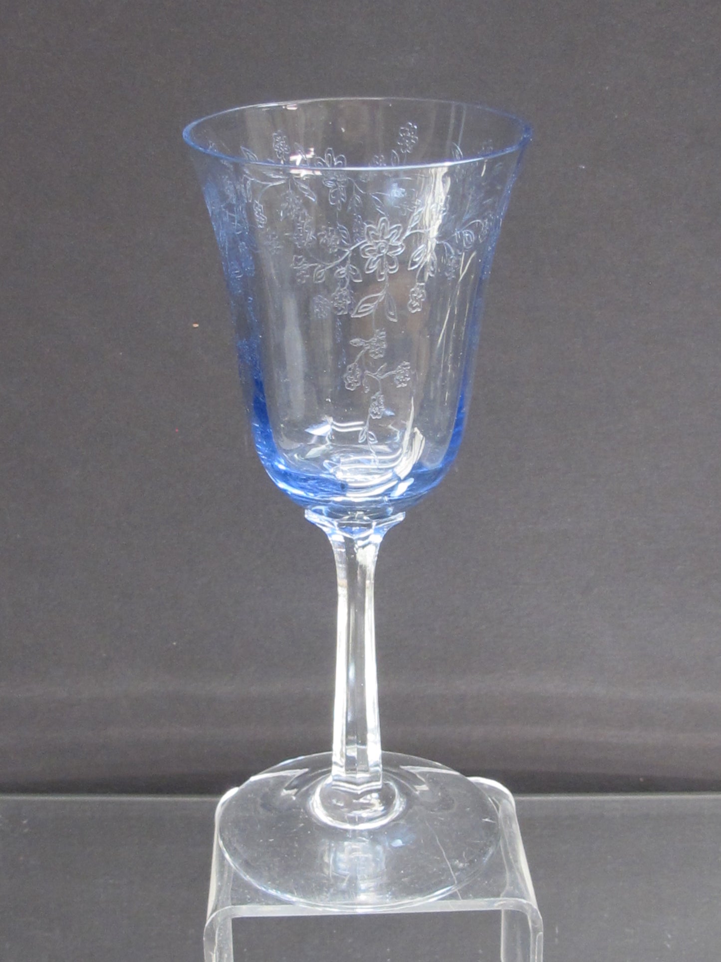 Lenox etched wine Blue glass Castle garden  Crystal  Made in USA Mt Pleasant PA