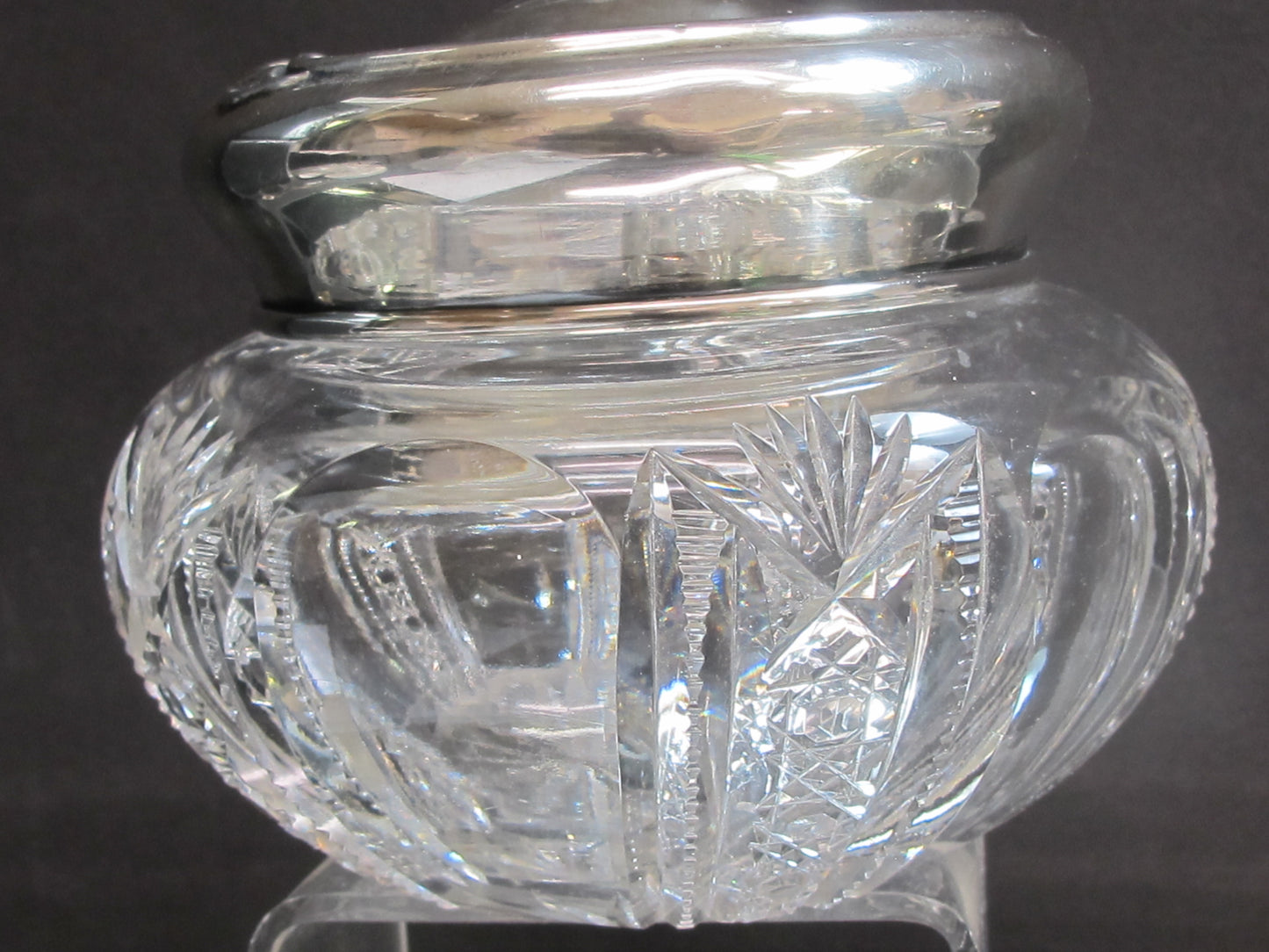 American Brilliant Period Cut Glass powder box with Sterling silver lid Antique abp