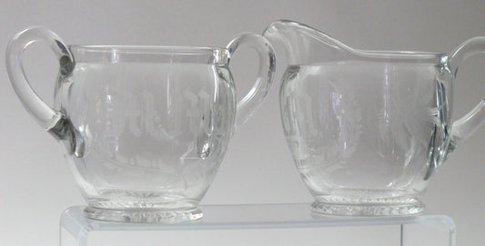 Cut Glass sugar and creamer, etched with initials MMM and bird - O'Rourke crystal awards & gifts abp cut glass
