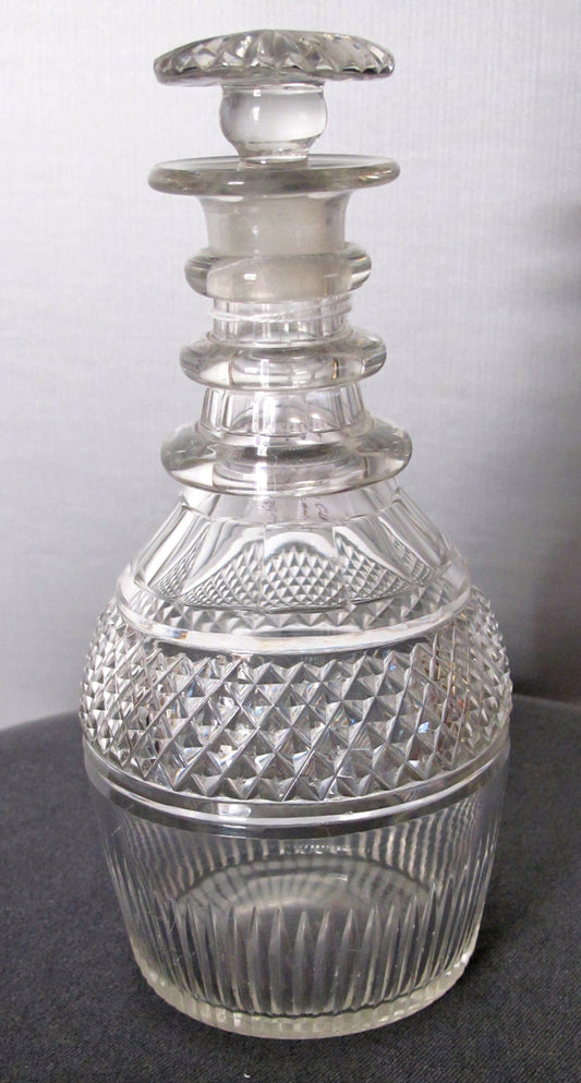 Hand Cut glass 3 ring neck decanter crosscut with mushroom stopper Antique - O'Rourke crystal awards & gifts abp cut glass