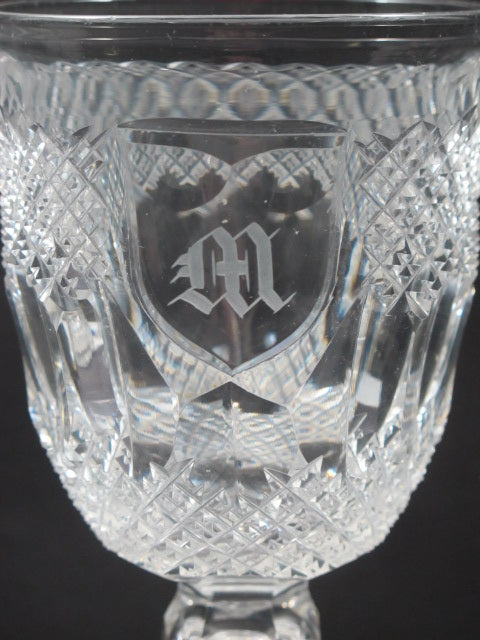 American Brilliant Period hand Cut Glass blown Strawberry diamond wine "M"